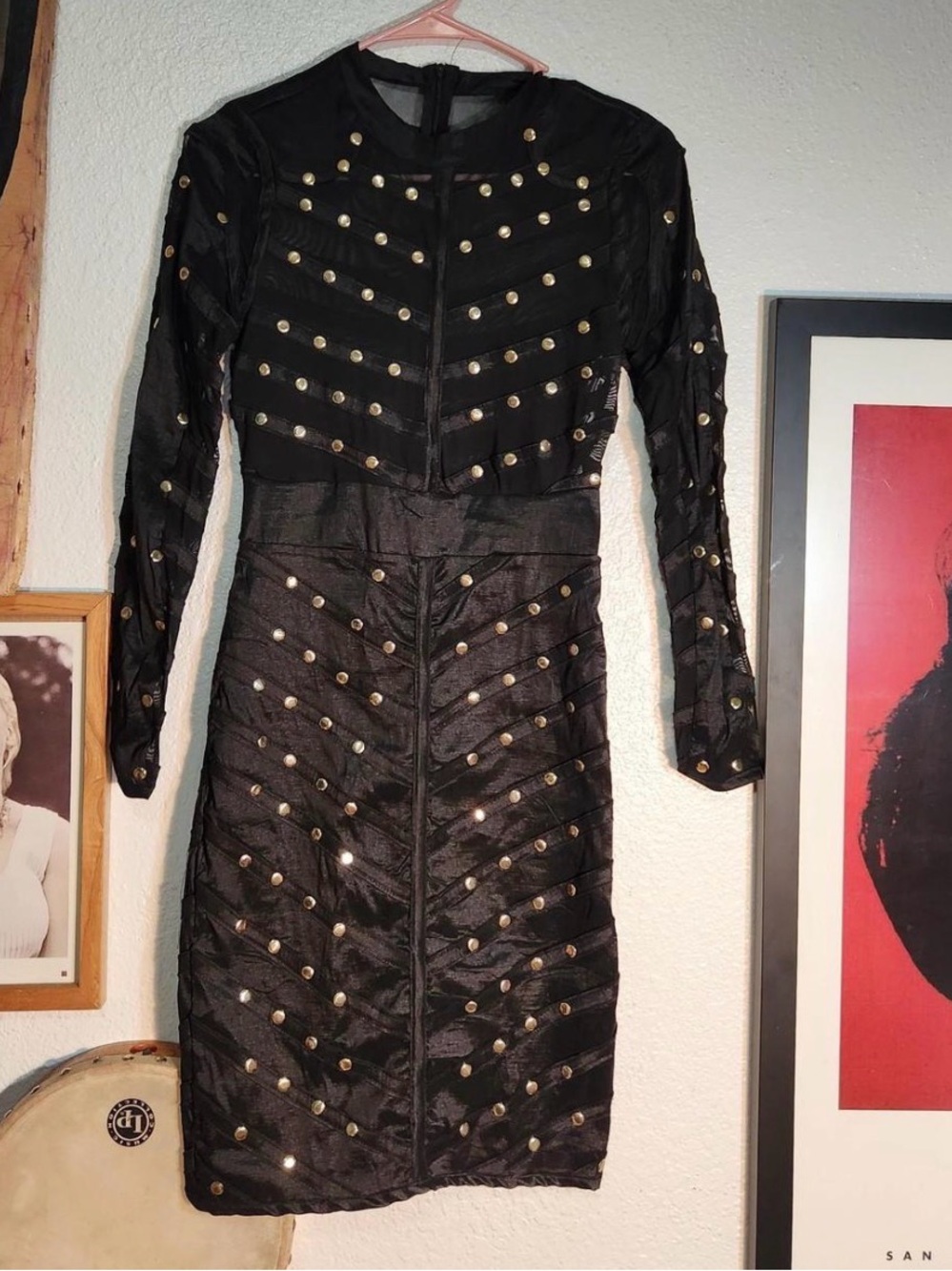 Black Long-Sleeve Studded Sheath Dress